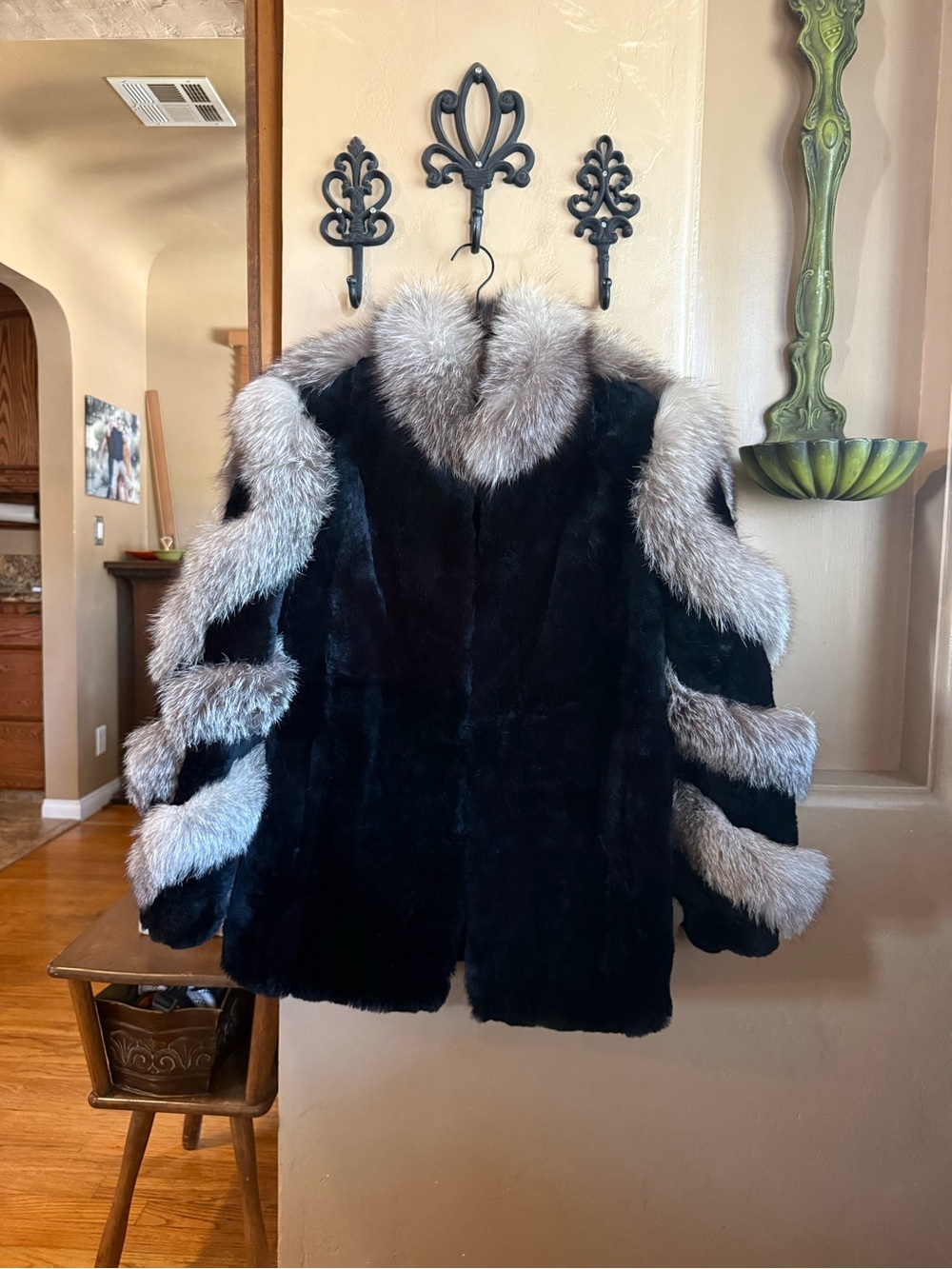 Luxurious Black Faux Fur Coat with Silver Trim